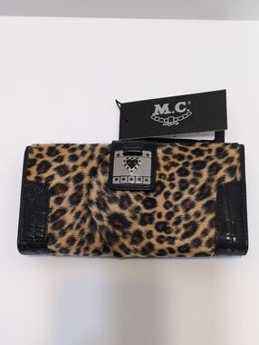 M.C. Leopard Print Faux Fur Genuine Leather Trim Heart Buckle Wallet NWT